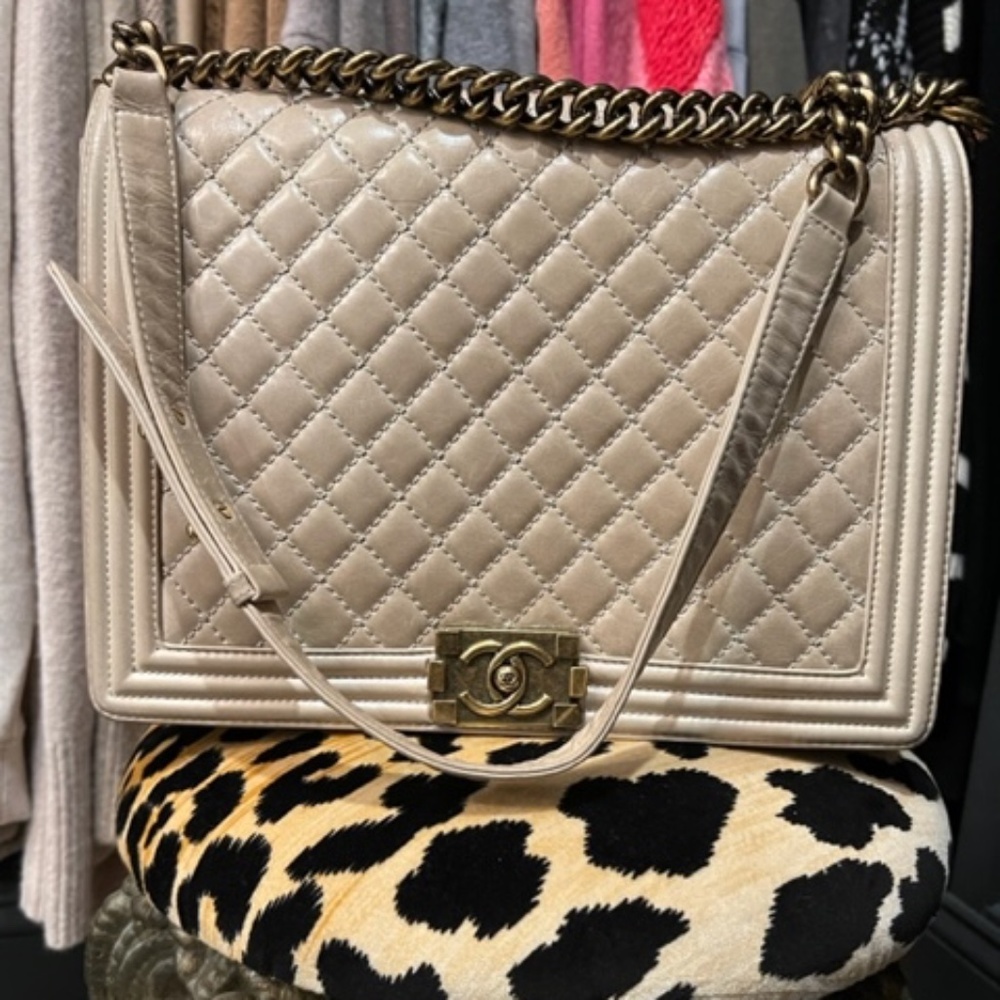 CHANEL Glazed Calfskin Quilted Large Boy Flap Beige